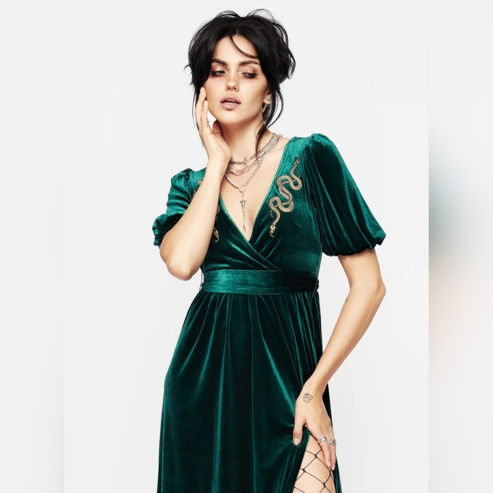 Disturbia Zarina Green Velvet Embroidered Wrap Dress - Size 16